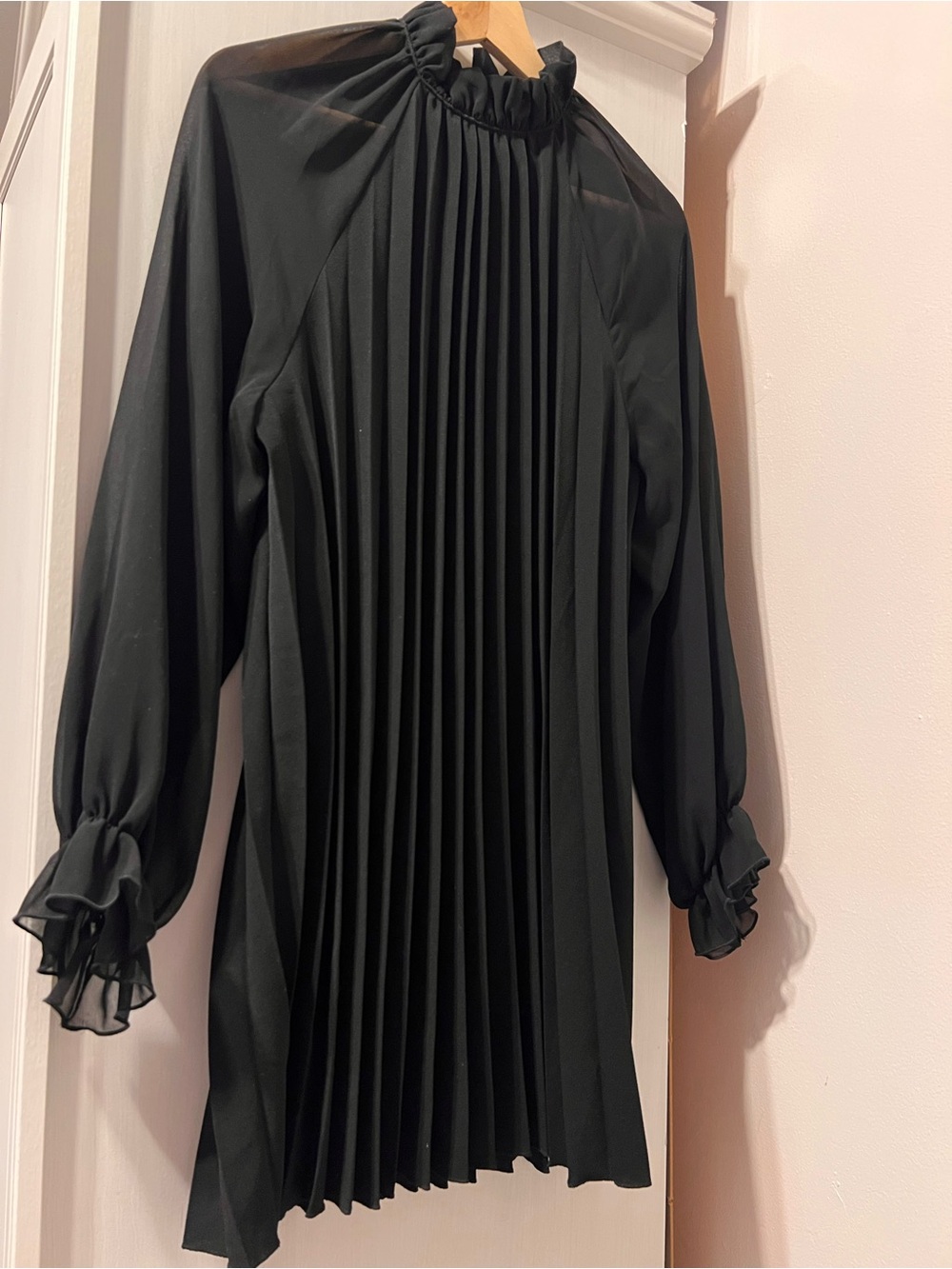 Zara Black Pleated Mini Dress with Ruffled Neck and Cuffs